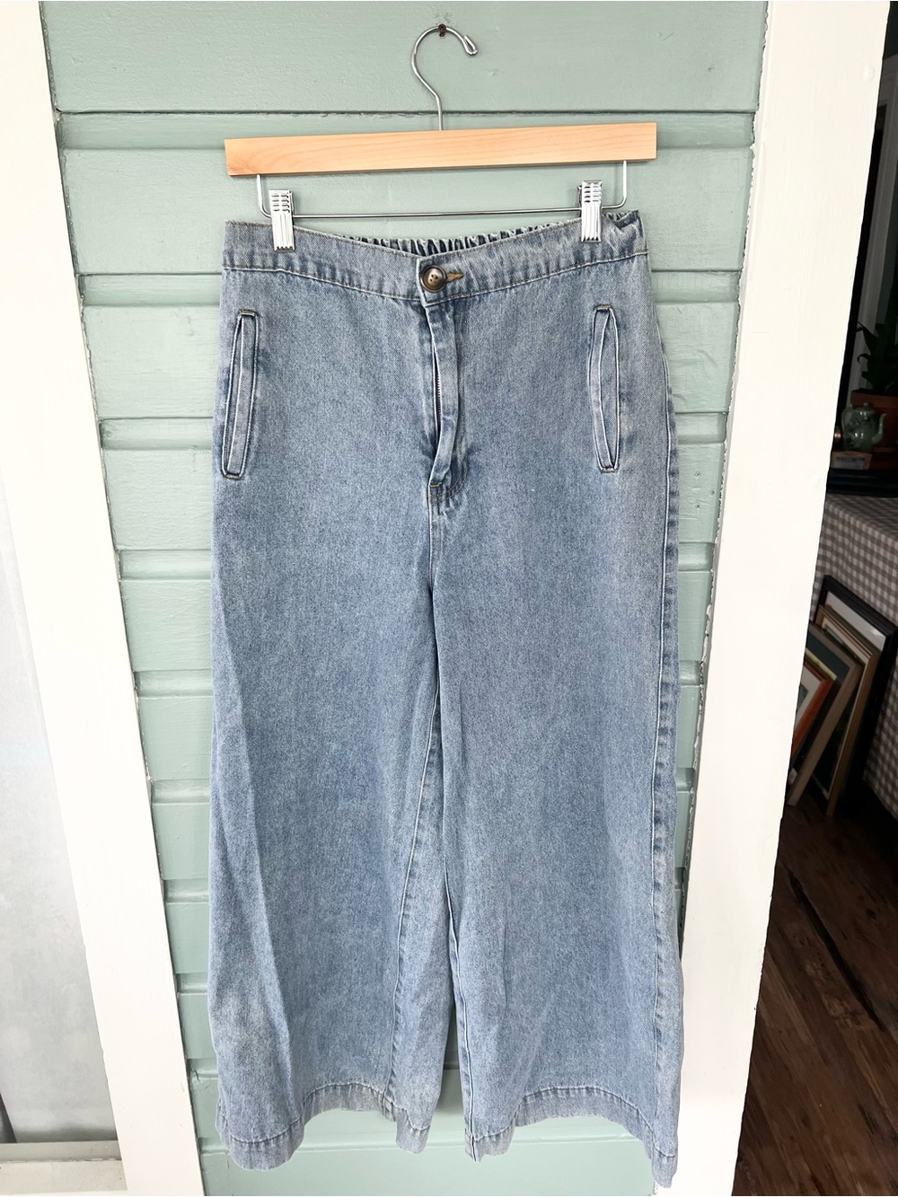 Grade and gather ultra wide leg baggy jeans pull on pants fall boho size medium